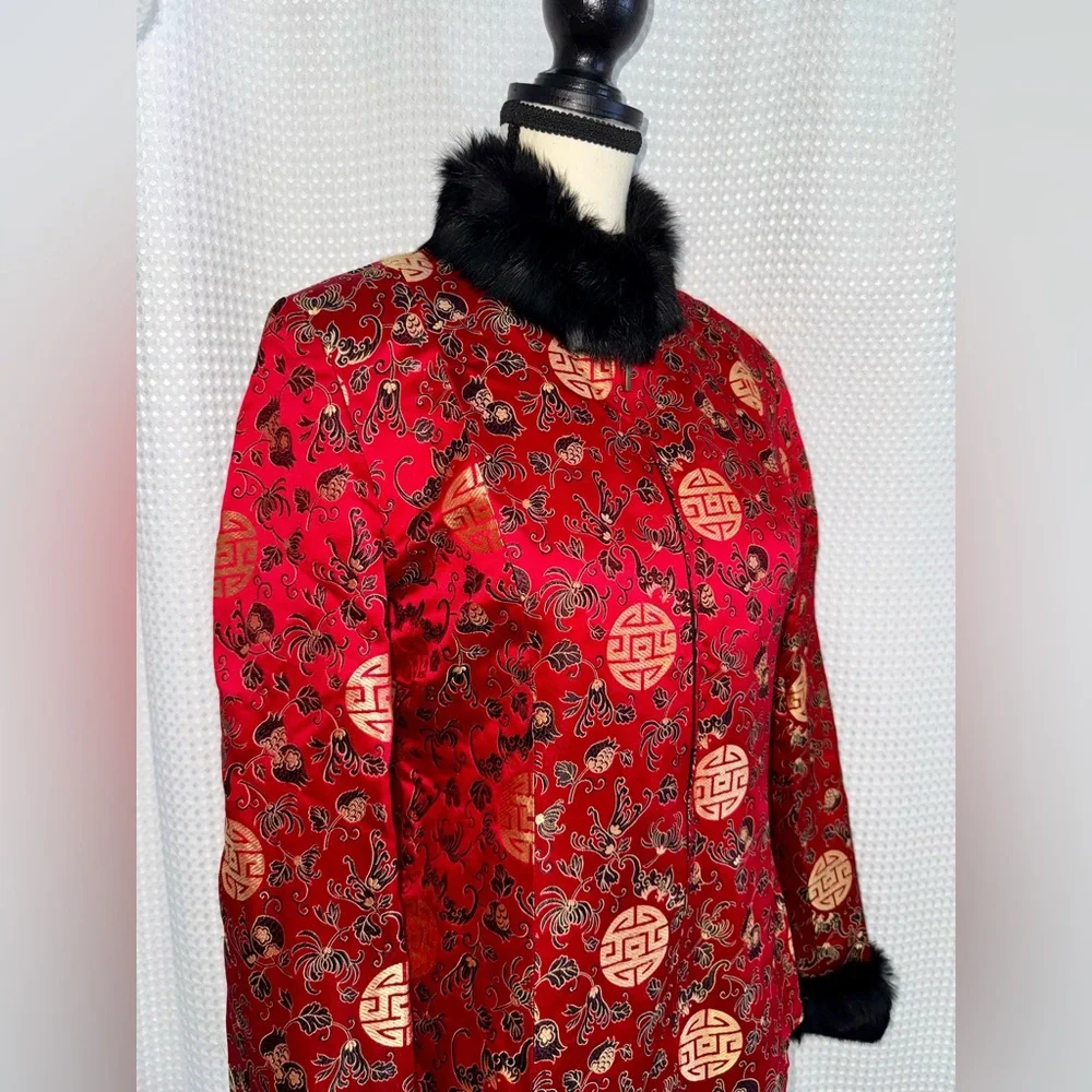 Chinese Silk Blend Jacket Rabbit Fur Collar Red Tailored blazer sz L /US Small - Picture 5 of 14